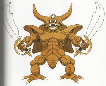 Rule 34 | 1990s (style), 1boy, absurdres, aqua eyes, claws, dark skin, dragon quest, dragon quest iv, dual wielding, estark, fangs, fingernails, full body, highres, holding, holding sword, holding weapon, horns, male focus, monster, monster focus, muscular, no humans, official art, open mouth, retro artstyle, scan, sharp fingernails, solo, sword, third-party source, toriyama akira, triclops, weapon, white background