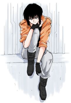 1girl black_boots black_gloves black_hair black_shirt boots commentary concrete ghost_in_the_shell gloves grey_pants hand_on_own_knee jacket kusanagi_motoko layered_clothes leaning_forward mutsu_(layergreen) orange_jacket pants shirt short_hair sitting sleeves_rolled_up solo