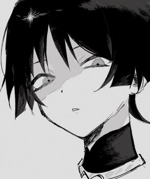 Rule 34 | 1boy, blunt ends, commentary request, cropped head, eyelashes, genshin impact, glaring, greyscale, jewelry, l2 hh7, looking at viewer, male focus, mandarin collar, monochrome, neck ring, parted lips, partially shaded face, scaramouche (genshin impact), solo, tsurime, white background, wispy bangs