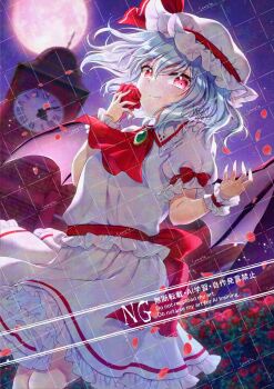 1girl adversarial_noise alto2019 analog_clock ascot back_bow bat_wings blue_hair bow brooch clock clock_tower collared_shirt commentary_request commission falling_petals flower frilled_shirt_collar frills hat hat_ribbon highres jewelry mob_cap moon night outdoors petals puffy_short_sleeves puffy_sleeves purple_sky red_ascot red_bow red_eyes red_flower red_moon red_petals red_rose remilia_scarlet ribbon rose sample_watermark shirt short_sleeves signature skirt sky sleeve_bow solo touhou tower watermark watermark_grid white_hat white_shirt white_skirt wings wrist_cuffs