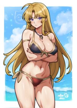 1girl armlet arms_under_breasts artist_name bare_shoulders bikini black_bikini blonde_hair blue_sky blush breasts clarisse_(fire_emblem) cleavage cloud commentary commission cowboy_shot crossed_arms curtained_hair embarrassed english_commentary facing_viewer fire_emblem fire_emblem:_new_mystery_of_the_emblem front-tie_bikini_top front-tie_top frown gluteal_fold gold_armlet highres jewelry ko-fi_commission large_breasts long_hair looking_to_the_side navel nintendo ocean purple_eyes red_bikini rotomdocs side-tie_bikini_bottom sideboob sideways_glance signature sky solo standing stomach sweatdrop swimsuit toned toned_female underboob