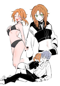 1boy 1girl :d absurdres arm_up bikini black_bikini black_pants blue_eyes blush bracelet breasts closed_eyes crop_top curtained_hair ensemble_stars! fang genderswap genderswap_(mtf) girl_on_top green_eyes grey_hair hair_down hand_on_another&#039;s_cheek hand_on_another&#039;s_face hand_on_own_chest hand_on_own_hip hetero highres jewelry kiss long_sleeves looking_at_viewer low_ponytail medium_breasts messy_hair multiple_views murimiaru navel nervous_sweating open_mouth orange_hair pants partially_colored ponytail sena_izumi_(ensemble_stars!) shirt short_hair short_sleeves skirt smile sweat swimsuit tsukinaga_leo white_background