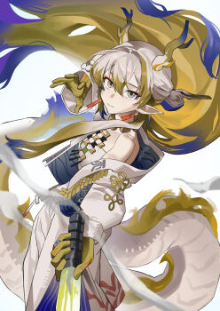 1girl absurdres arknights blonde_hair blue_hair closed_mouth commentary dragon_girl dragon_horns dragon_tail grey_hair hair_bun highres holding holding_sword holding_weapon horns jacket jia_ma long_hair looking_at_viewer multicolored_hair open_clothes open_jacket pants pointy_ears shu_(arknights) solo sword tail very_long_hair weapon white_jacket white_pants