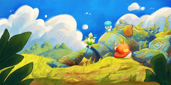 Rule 34 | :3, artist name, blue sky, closed eyes, closed mouth, cloud, commentary, day, english commentary, from behind, fuecoco, gen 5 pokemon, golurk, grass, imazartz, moss, nintendo, notice lines, outdoors, pokemon, pokemon (creature), pokemon focus, quaxly, sitting, sky, sprigatito, starter pokemon trio