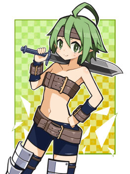 1girl ahoge belt belt_bra bike_shorts black_shorts black_thighhighs body_blush border bright_pupils brown_belt brown_headband checkered_background closed_mouth collarbone commentary cowboy_shot disgaea dot_nose double-parted_bangs female_warrior_(disgaea) flat_chest gradient_background green_background green_eyes green_hair hair_between_eyes hand_on_own_hip headband highres holding holding_sword holding_weapon leg_armor light_blush light_smile multiple_belts navel no_shirt outline outside_border over_shoulder pointy_ears shards shiny_skin short_eyebrows short_hair short_shorts short_sleeves shorts smile solo split_mouth stomach suaman sword sword_over_shoulder thighhighs two-tone_background v-shaped_eyebrows weapon weapon_over_shoulder white_border white_outline white_pupils wrist_belt wrist_guards yellow_background