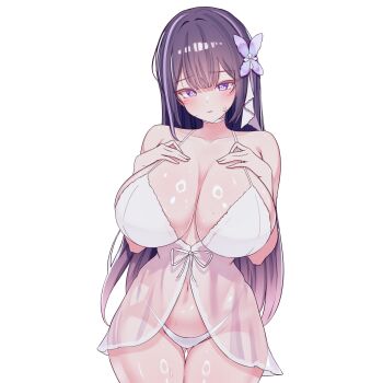 1girl babydoll blue_hair blush breasts character_request closed_mouth collarbone commentary_request cowboy_shot curvy double-parted_bangs gluteal_fold hair_ornament hands_on_own_chest highleg highleg_panties highres huge_breasts indie_virtual_youtuber long_hair looking_at_viewer multicolored_hair navel panties purple_eyes purple_streaks rapid17 see-through_babydoll see-through_clothes simple_background solo streaked_hair transparent_background underwear virtual_youtuber white_babydoll white_panties