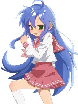 1girl :3 ahoge blue_hair blush green_eyes gsa082rnw highres izumi_konata long_hair lucky_star mole mole_under_eye neckerchief pink_neckerchief pleated_skirt red_sailor_collar red_skirt ryouou_school_uniform sailor_collar school_uniform serafuku shirt simple_background skirt socks white_background white_shirt white_socks