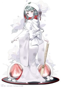 Rule 34 | 1girl, blush, closed mouth, commentary request, daifuku, flower, food, full body, green eyes, green hair, hair bun, hair ornament, hatsune miku, highres, holding, holding flower, holding umbrella, ichigo daifuku, japanese clothes, karo (karohroka), kimono, leaf, leaf on head, long hair, long sleeves, looking at viewer, looking back, official alternate costume, official alternate hairstyle, oil-paper umbrella, shiromuku, simple background, smile, snowflake print, snowflakes, solo, standing, twintails, uchikake, umbrella, vocaloid, wagashi, wataboushi, white background, white flower, white kimono, wide sleeves, winter, yuki miku, yuki miku (2013)