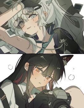 Rule 34 | 2girls, animal ear fluff, animal ears, arknights, bite mark, bite mark on arm, bite mark on neck, black bow, black bowtie, black gloves, black hair, black jacket, black vest, blush, bow, bowtie, breasts, camera, cleavage, colored inner hair, commentary, fang, glasses, gloves, green necktie, grey eyes, grey hair, highres, holding, holding camera, jacket, lappland (arknights), looking at viewer, multicolored hair, multiple girls, necktie, orange eyes, parted lips, red hair, scar, scar across eye, scar on face, seri (vyrlw), shirt, simple background, sweat, symbol-only commentary, taking picture, texas (arknights), vest, white background, white shirt, wolf ears, yuri