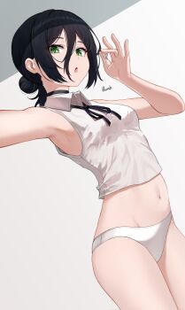 1girl absurdres apple_ringo armpits bare_arms bare_shoulders black_choker black_hair breasts chainsaw_man choker collared_shirt cowboy_shot crop_top green_eyes grenade_pin hair_between_eyes hair_bun highres long_hair looking_at_viewer navel neck_ribbon no_pants open_mouth outstretched_arm panties reze_(chainsaw_man) ribbon shirt sleeveless sleeveless_shirt small_breasts solo stomach thighs underwear white_background white_panties white_shirt