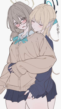 2girls akane_(blue_archive) akane_(school_uniform)_(blue_archive) black-framed_eyewear black_cardigan black_halo black_skirt blonde_hair blue_archive blue_bow blue_bowtie blue_halo blue_scrunchie blue_streaks blush bow bowtie braid breasts brown_cardigan brown_eyes brown_hair brown_halo buttons cardigan closed_eyes closed_mouth collared_shirt commentary cowboy_shot fingernails glasses grey_background hair_between_eyes hair_bow hair_ornament hair_scrunchie half_up_braid halo hand_on_another's_arm hand_on_another's_thigh hand_up heads_together highres hug hug_from_behind long_sleeves looking_at_another looking_to_the_side medium_breasts miniskirt multicolored_hair multicolored_halo multiple_girls official_alternate_costume parted_lips pleated_skirt ratsuku_kinoko school_uniform scrunchie shirt sideways_glance simple_background skirt sleeves_past_wrists standing streaked_hair toki_(blue_archive) toki_(school_uniform)_(blue_archive) translated two-tone_halo white_shirt yuri