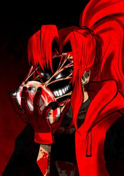 1girl black_eyes blood blood_on_arm body_horror earrings evangeline_morgan gloves grin highres hood hood_down horror_(theme) jacket jewelry long_hair mac_(thisthisthis) mask of_the_devil red_background red_hair red_jacket removing_mask smile solo