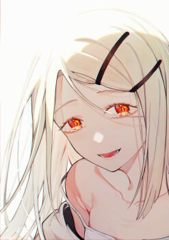 1girl absurdres backlighting bags_under_eyes bare_shoulders blonde_hair camisole collarbone gakuen_idolmaster hair_ornament hairclip highres idolmaster long_hair looking_at_viewer off_shoulder open_mouth orange_eyes parallel_hairclips parted_bangs saber_qvq shade shinosawa_hiro solo strap_slip upper_body white_background white_camisole