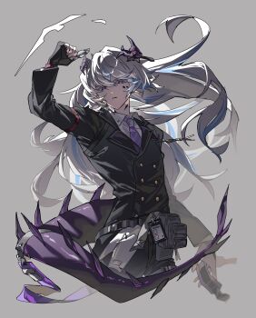 Rule 34 | 1boy, absurdres, alternate hairstyle, arknights, arm up, backlighting, black gloves, black jacket, black pants, blue hair, buttons, chjjlold, collar, collared shirt, cropped legs, double-breasted, dragon boy, dragon horns, dragon tail, fingerless gloves, gloves, grey background, highres, holding, holding collar, horns, id card, jacket, long hair, looking at viewer, male focus, material growth, multicolored hair, necktie, oripathy lesion (arknights), pants, parted lips, pouch, purple eyes, purple necktie, puzzle (arknights), shirt, simple background, solo, streaked hair, tail, thigh pouch, white hair