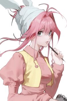 Rule 34 | 1girl, antenna hair, blue eyes, collared shirt, hair intakes, hashtag-only commentary, headscarf, highres, holding, holding pen, hunter x hunter, juliet sleeves, long hair, long sleeves, looking at viewer, neon nostrade, parted lips, pen, pink hair, pink shirt, puffy sleeves, shirt, simple background, solo, spendthesummer, upper body, vest, white background, white headscarf, yellow vest
