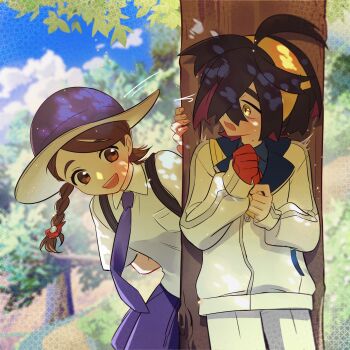 1boy 1girl arm_behind_back behind_tree black_hair blue_shirt blurry blurry_background blush brown_eyes brown_hair cloud collared_shirt commentary_request crossed_bangs day gloves hair_between_eyes hair_over_one_eye hairband hat highres juliana_(pokemon) kieran_(pokemon) long_sleeves mole mole_on_neck necktie nintendo open_mouth outdoors pokemon pokemon_sv purple_necktie purple_shorts red_gloves school_uniform shirt shorts single_glove sky tree uva_academy_school_uniform white_shirt xiaxiania yellow_eyes yellow_hairband