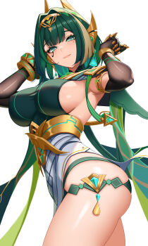 1girl belt black_gloves bracelet breasts chest_jewel claw_ring commentary_request dydydyok earrings elbow_gloves eye_tattoo genshin_impact gloves green_eyes green_hair green_shirt headpiece highres jewelry large_breasts looking_at_viewer medium_hair miniskirt nefer_(genshin_impact) revision shirt short_hair sideboob skirt smile solo tattoo thigh_strap thighs usekh_collar white_skirt
