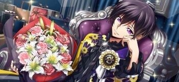 1boy black_hair chair code_geass code_geass:_lost_stories f4samurai flower game_cg highres lelouch_vi_britannia official_art purple_eyes red_flower short_hair smile solo teeth