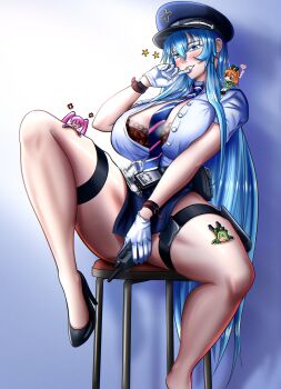 2boys 2girls absurdres akame_ga_kill! arm_belt belt between_legs biting biting_glove blue_background blue_eyes blue_hair blue_hat blue_necktie bra breasts commentary diagonal-striped_clothes diagonal-striped_necktie double-parted_bangs english_commentary esdeath esdesu17 finger_to_mouth gloves gradient_background hair_between_eyes hand_between_own_legs hat heart high_heels highres holding holding_walkie-talkie lace lace_bra large_breasts long_hair long_sidelocks looking_at_viewer lubbock mine_(akame_ga_kill!) multiple_boys multiple_girls necktie on_stool partially_unbuttoned peaked_cap pink_lips police police_hat police_uniform sidelocks simple_background sitting solo_focus spread_legs star_(symbol) stool striped_clothes striped_necktie tatsumi_(akame_ga_kill!) thick_thighs thigh_belt thigh_strap thighs underwear very_long_hair walkie-talkie