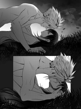 1boy 1girl absurdres bare_shoulders boy_on_top breasts closed_mouth cloud cloud_strife cloudy_sky couple earrings eye_contact final_fantasy final_fantasy_vii final_fantasy_vii_remake from_side grass greyscale hand_on_another's_head hetero highres jewelry kiss large_breasts long_hair looking_at_another lying monochrome nude on_back outdoors safaia sequential short_hair single_earring sky spiked_hair square_enix stomach teardrop_earring tifa_lockhart toned toned_male upper_body