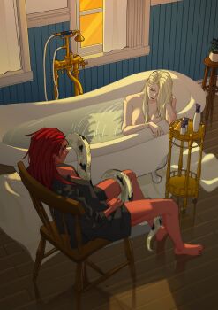 2girls absurdres barefoot bathtub black_shirt black_shorts breasts chair cleavage closed_mouth colored_skin curtains dark-skinned_female dark_skin highres indoors lamia large_breasts long_hair looking_at_another medium_breasts monster_girl multiple_girls nude on_a_leash open_clothes open_shirt partially_submerged plant potted_plant red_hair red_skin shampoo_bottle shirt shorts sitting snapagi stool tail tail_around_another&#039;s_leg tail_wrap water white_hair window yuri