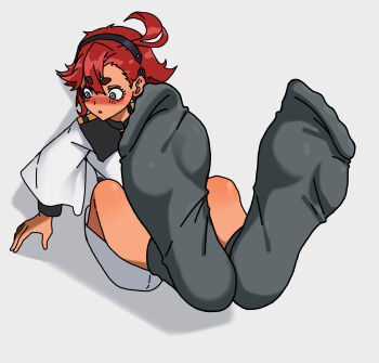 1girl black_socks blue_eyes blush feet gundam gundam_suisei_no_majo highres long_hair looking_to_the_side parted_lips paxa349 red_hair socks soles suletta_mercury toes