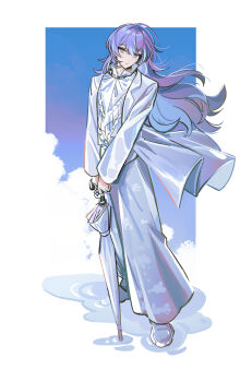 1boy absurdres attsei blending blue_hair blue_sky border cloud commentary_request grey_eyes head_tilt highres holding holding_umbrella hoshirube_sho jacket long_hair long_sleeves looking_at_viewer male_focus multicolored_hair nijisanji pants purple_hair shirt shoes sky solo streaked_hair umbrella virtual_youtuber white_border white_jacket white_pants white_shirt white_shoes