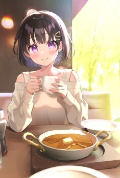 1girl black_hair blush bob_cut butter cafe closed_mouth colored_inner_hair commentary_request cup food hair_ornament hairclip highres holding holding_cup multicolored_hair off-shoulder_shirt off_shoulder original pancake purple_eyes purple_hair restaurant shirt smile solo syrup triangle_hair_ornament white_shirt yushima