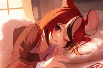 1girl absurdres animal_ears bed bedroom black_hair blanket blue_eyes cellphone commentary english_commentary hakos_baelz highres hololive hololive_english indoors irys_(hololive) jiang_ye_kiri long_hair looking_at_viewer lying mouse_ears mouse_girl multicolored_hair on_bed on_side one_eye_closed pajamas parted_lips phone pillow pov_across_bed red_hair smartphone solo streaked_hair under_covers virtual_youtuber waking_up white_hair window