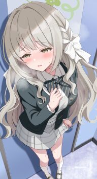 1girl :o absurdres averting_eyes blazer blue_archive blush bow bowtie braid breath commentary_request crouching_start diagonal-striped_bow diagonal-striped_bowtie diagonal-striped_clothes furrowed_brow green_bow green_bowtie green_jacket grey_hair grey_skirt hair_bow hair_ribbon halo highres jacket miyo_(blue_archive) ribbon ribbon_braid shirt skirt socks solo striped_bow striped_bowtie striped_clothes sweat sweatdrop white_bow white_ribbon white_shirt white_socks