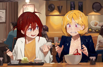2girls blonde_hair blue_eyes food hair_between_eyes highres hipa_(some1else45) holding indoors jacket liquid long_hair long_sleeves multiple_girls office_lady open_mouth original red_hair restaurant sekoshi_(some1else45) shirt short_hair sitting some1else45 suggestive_fluid