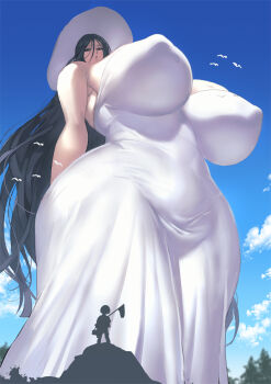 1girl 1other ambiguous_gender ass bird black_hair blue_sky breasts cloud cloudy_sky covered_erect_nipples curvy dress expressionless giant giantess gigantic_breasts hasshaku-sama hat huge_ass impossible_clothes impossible_dress japanese_urban_legends kisuu long_hair net pursed_lips sky sun_hat sundress tall_female very_long_hair white_dress white_headwear wide_hips