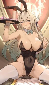 1boy 1girl absurdres animal_ears black_leotard blush bow bowtie breasts bulge caelus_(honkai:_star_rail) commentary_request covered_navel detached_collar fake_animal_ears firefly_(honkai:_star_rail) girl_on_top grey_hair hair_ornament hairband highleg highleg_leotard highres honkai:_star_rail honkai_(series) large_breasts leotard long_hair looking_at_viewer lotion_bottle open_mouth playboy_bunny purple_eyes rabbit_ears shirotategosha smile straddling thighhighs thighs trailblazer_(honkai:_star_rail) tray white_thighhighs wrist_cuffs