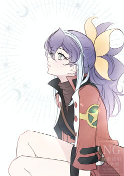 1girl black_shirt black_shorts from_side hair_between_eyes hair_ribbon highres jacket long_hair looking_up open_clothes open_jacket parted_lips ponytail purple_hair red_jacket ribbon serena_(yu-gi-oh!) shirt shorts sitting solo three-quarter_sleeves toraawa64 yellow_ribbon yu-gi-oh! yu-gi-oh!_arc-v