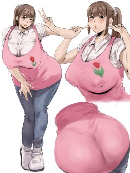 1girl ass blue_pants blush breasts brown_hair cheek_poking denim donkarasu_vgc from_behind grey_eyes hand_on_own_thigh huge_ass huge_breasts jeans kindergarten_teacher leaning_forward lips long_hair mature_female mole mole_under_mouth multiple_views original pants pink_shirt poking poking_self ponytail pout puffy_cheeks scrunchie shirt shoes sleeveless sleeveless_shirt smile smock solo standing v white_background white_scrunchie white_shirt white_shoes