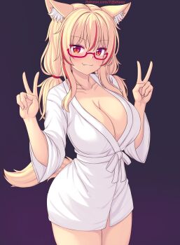1girl animal_ear_fluff animal_ears bathrobe blonde_hair breasts cat_ears cat_tail cleavage closed_mouth collarbone commentary cowboy_shot double_v english_commentary glasses hands_up highres large_breasts long_hair long_sleeves low_twintails multicolored_hair nottytiffy original patreon_username purple_background red-framed_eyewear red_eyes red_hair simple_background smile solo streaked_hair tail tiffy_(nottytiffy) twintails v