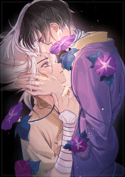 2boys absurdres arm_wrap asagiri_gen bandaged_arm bandaged_neck bandages black_background black_hair brown_shirt doran_(doran7280) dr._stone eye_contact flower from_side glasses grey_hair hand_on_another&#039;s_face highres holding_another&#039;s_wrist ishigami_senkuu japanese_clothes kimono kiss kissing_forehead leaf light_particles long_sleeves looking_at_another male_focus morning_glory multicolored_hair multiple_boys parted_lips pink_flower plant profile purple_flower purple_kimono robe shirt short_hair streaked_hair two-tone_hair upper_body vines white_hair yaoi