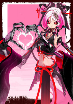 1girl 3d asian bare_shoulders black_skirt bow calne_ca_(deino) crop_top deino_(deino3330) detached_sleeves hair_bow heart heart-shaped_pupils heart_hands highres loincloth looking_at_viewer mechanical_arms midriff nato-kun navel original pink_hair red_eyes short_hair skirt solo symbol-shaped_pupils