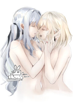 2girls bang_dream! bang_dream!_it's_mygo!!!!! black_ribbon blonde_hair blue_hair breasts candy cheschorv chocolate chocolate_heart cleavage closed_eyes commentary earrings food hair_ribbon hand_on_another's_face heart heart-shaped_food highres jewelry long_hair medium_hair misumi_uika mouth_hold multiple_girls nude open_mouth ribbon saliva saliva_trail string string_of_fate togawa_sakiko tongue tongue_out two_side_up yuri