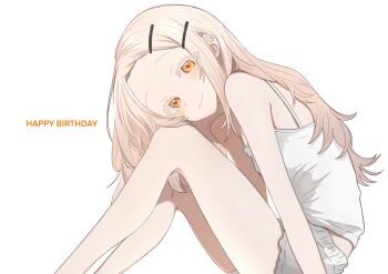 1girl blonde_hair breasts camisole closed_mouth colored_eyelashes feet_out_of_frame from_side gakuen_idolmaster grey_shorts hair_ornament hairclip happy_birthday hashtag-only_commentary head_on_knees head_tilt highres idolmaster knees_up long_hair orange_eyes parallel_hairclips ponpokotanutan1 shinosawa_hiro shorts simple_background sitting small_breasts smile solo swept_bangs white_background white_camisole