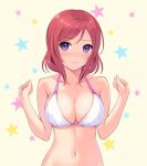 10s 1girl animated bikini bikini_top_only blush bottomless bouncing_breasts breasts cleavage closed_mouth eyebrows female_focus hands_up large_breasts looking_at_viewer love_live! love_live!_school_idol_project mignon navel nishikino_maki purple_eyes red_hair solo star_(symbol) star_symbol_background stomach swept_bangs swimsuit ugoira upper_body video white_bikini