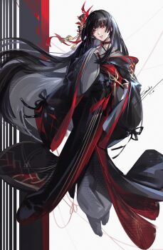 1girl absurdres alternate_costume black_hair black_kimono chisa_(wuthering_waves) commentary dated full_body hair_ornament hand_up highres japanese_clothes kimono long_hair long_sleeves looking_to_the_side parted_lips red_eyes signature solo steve_zheng very_long_hair white_background wide_sleeves wuthering_waves