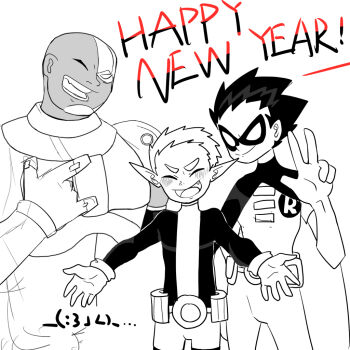 10s 2015 3boys bald beast_boy_(dc) belt blush bodysuit cape closed_eyes cyborg cyborg_(dc) dark_skin dc_comics dick_grayson domino_mask eye_mask fang garfield_logan gloves male_focus mask monochrome multiple_boys new_year open_mouth pointy_ears robin_(dc) short_sleeves smile teen_titans v victor_stone
