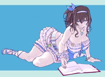 1girl belt blue_eyes book breasts brown_eyes commentary_request commission crop_top expressionless frilled_thigh_strap full_body highres huge_breasts idolmaster idolmaster_cinderella_girls jewelry long_hair necklace panty_straps reading sagisawa_fumika sitting skeb_commission solo thigh_strap tv_nattou