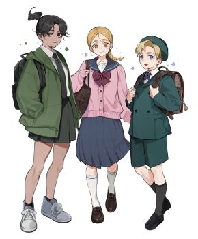 1boy 2girls alternate_universe backpack bag black_bag black_hair black_necktie black_shoes black_skirt black_socks blonde_hair blue_eyes blue_sailor_collar blue_sky bow bowtie braid brown_bag brown_eyes brown_shoes cardigan chi.:_chikyuu_no_undou_ni_tsuite collared_shirt cross_tie dark-skinned_female dark_skin draka_(chi.) full_body green_hat green_jacket green_shorts grey_shoes hand_in_pocket hat highres jacket jolenta loafers long_hair multiple_girls necktie parted_lips pink_cardigan pleated_skirt ponytail rafal_(chi.) red_bow red_bowtie sailor_collar sakitsu school_uniform shirt shoes short_hair short_ponytail shorts shoulder_bag single_braid skirt sky smile sneakers socks standing swept_bangs white_background white_shirt white_socks
