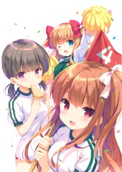 3girls ;d absurdres arm_up asahina_momoko blue_eyes blush bow brown_hair cheerleader confetti eating flag food girlfriend_(kari) gym_uniform hair_bow head_tilt highres holding holding_food jacket long_hair looking_at_viewer low_twintails multiple_girls numbered_flag official_art one_eye_closed one_side_up open_mouth outstretched_arm pink_eyes pom_pom_(cheerleading) qp:flapper red_bow red_eyes sandwich scan shigino_mutsumi shirt short_sleeves smile striped_clothes striped_shirt track_jacket twintails white_background white_shirt yuuki_nae zipper