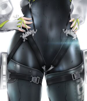 1girl absurdres arknights arknights:_endfield backlighting black_bodysuit bodysuit commentary covered_navel english_commentary fingerless_gloves fluorite_(arknights) gloves hands_on_own_hips highres hip_focus long_sleeves luke_s_(artist) puffy_long_sleeves puffy_sleeves signature simple_background skin_tight solo wet white_background white_gloves white_sleeves