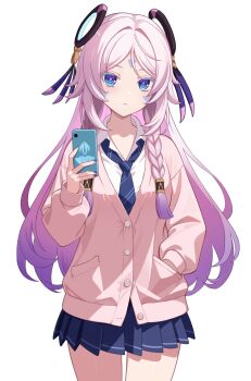 Rule 34 | 1girl, alternate costume, blue eyes, cellphone, citlali (genshin impact), collared shirt, commentary request, facial mark, genshin impact, hand in pocket, hand up, highres, hobio, holding, holding phone, long hair, long sleeves, looking at viewer, necktie, parted lips, phone, pink hair, pink pupils, school uniform, shirt, simple background, skirt, smartphone, solo, triangle, triangle facial mark, white background