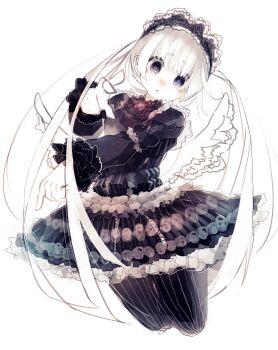 Rule 34 | 1girl, :o, angel wings, black dress, black thighhighs, blue eyes, cuffs, dress, dynamic pose, gothic lolita, hairband, highres, lace, lolita fashion, long hair, looking at viewer, original, portrait, riuichi, simple background, thighhighs, victorian, white background, white hair, wings