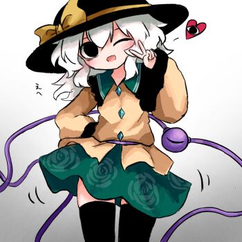 1girl :d black_hat black_thighhighs blush bow buttons collared_shirt diamond_button floral_print frilled_shirt_collar frills gradient_background green_hair green_skirt grey_background hair_bow hand_up hat heart heripantomorrow komeiji_koishi medium_hair one_eye_closed open_mouth rose_print shirt skirt smile solo thighhighs third_eye touhou v white_background yellow_bow yellow_shirt